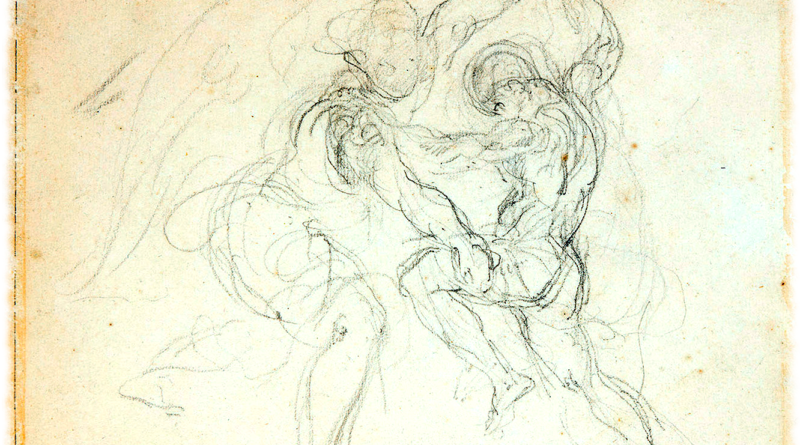 Eugène Delacroix : Study for Jacob Wrestling with the Angel, 1850-1856. From artwork in the public domain.